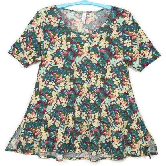 LuLaRoe Perfect T Shirt Top Blouse Yellow Blue Green Pink Floral L Large - Picture 1 of 12